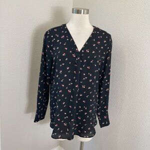 Ann Taylor Womens Large Black Floral Long Sleeve V Neck Blouse Shirt Stretch